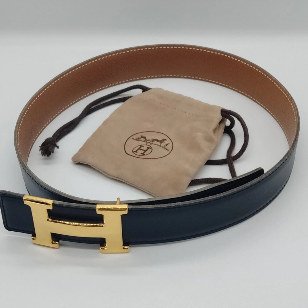 Authentic Hermès H Buckle Reversible Leather Belt Black Brown Gold - Picture 3 of 10